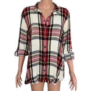 John Mark Plaid Tunic Blouse Top Red Cream Medium Pockets Roll Tab Button Front